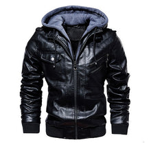 Load image into Gallery viewer, Jackets Men Autumn Winter Warm Windbreaker Hooded Motorcycle Leather