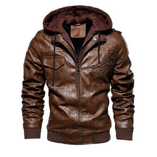 Load image into Gallery viewer, Jackets Men Autumn Winter Warm Windbreaker Hooded Motorcycle Leather