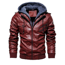 Load image into Gallery viewer, Jackets Men Autumn Winter Warm Windbreaker Hooded Motorcycle Leather